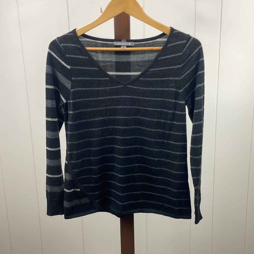 Smartwool Merino Wool Gray and Black Striped V-Neck Sweater